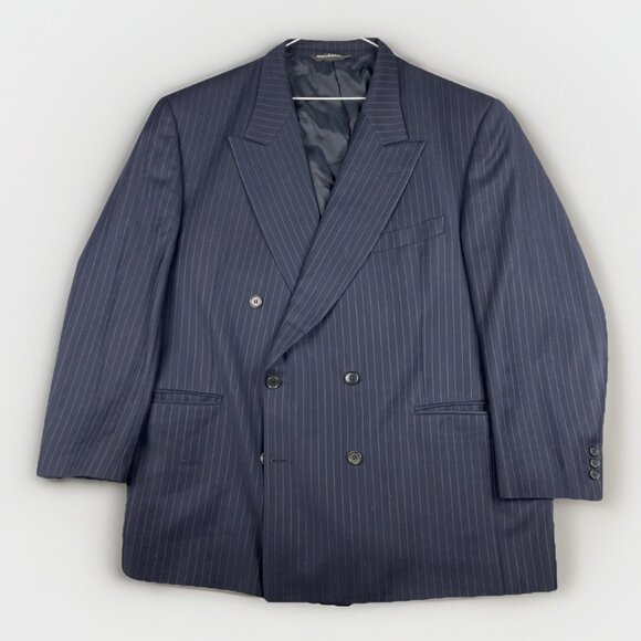 Ermenegildo Zegna Blazer Navy w/ Brown Chalk Stripe Double Breasted Wool Sz 46W - Picture 1 of 16
